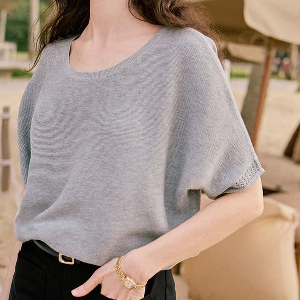 NEW Petite Studio Franco Cotton Knit Top - Grey (S)
